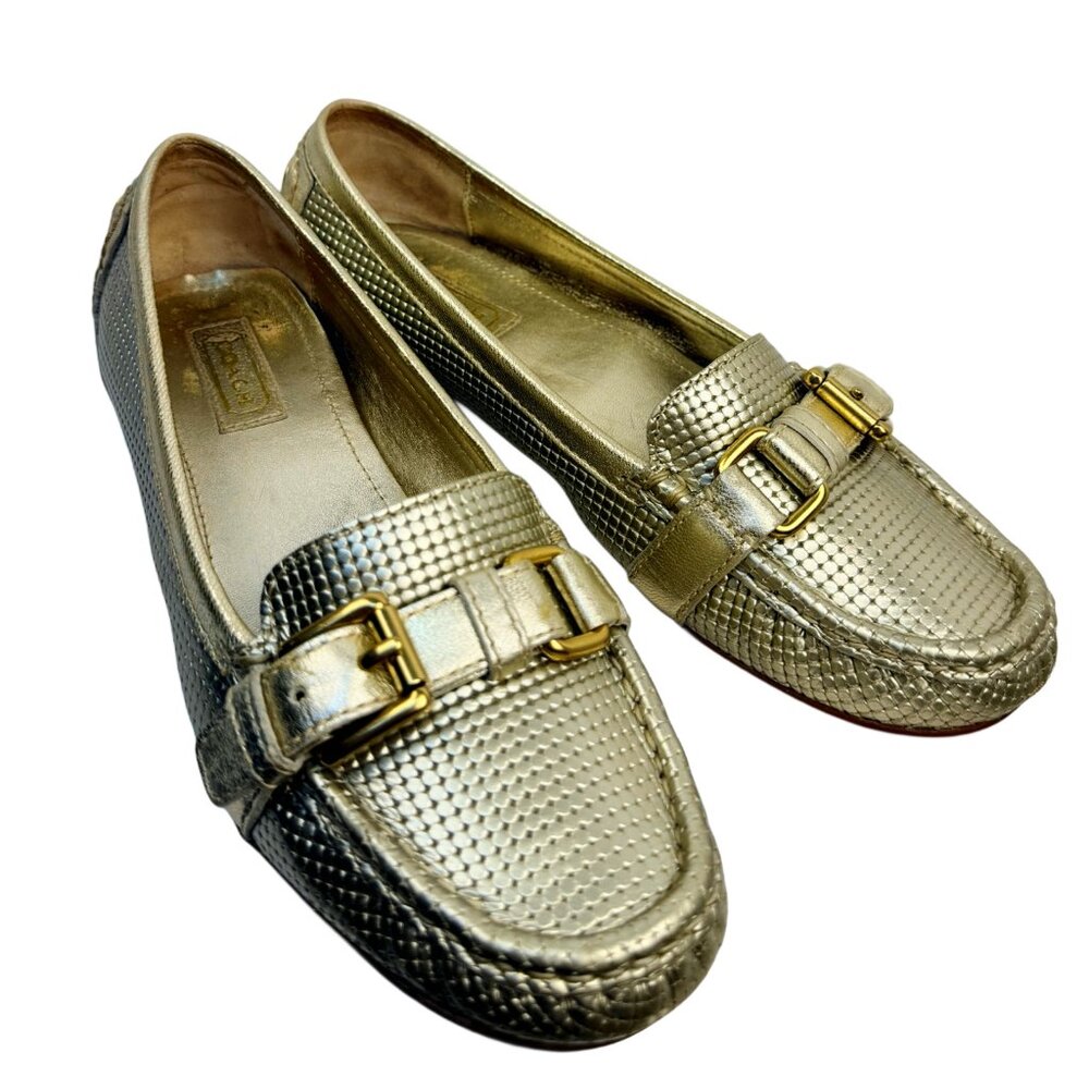 Coach Metallic Gold Leather Loafers with Gold Buckle